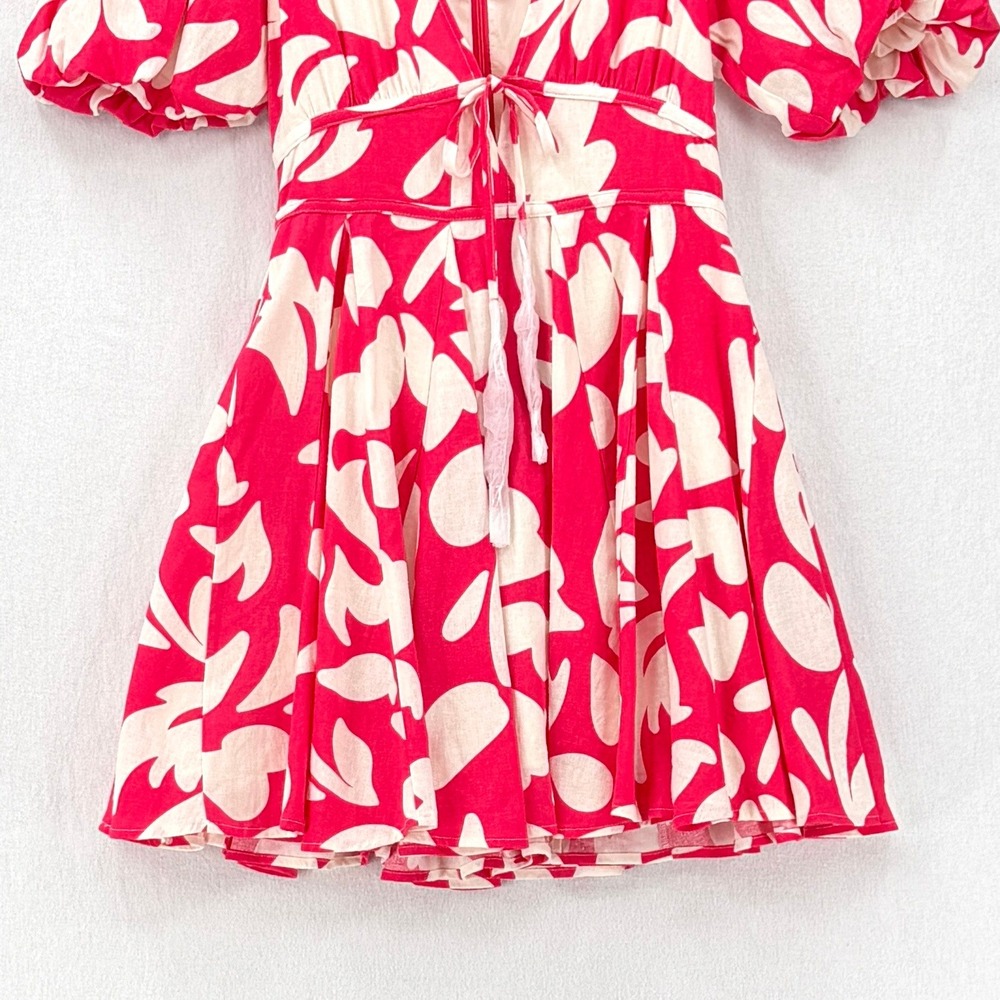HOUSE OF HARLOW 1960 Mini Dress Women Small Pink Floral Puff Sleeve Tie Front - Picture 7 of 15